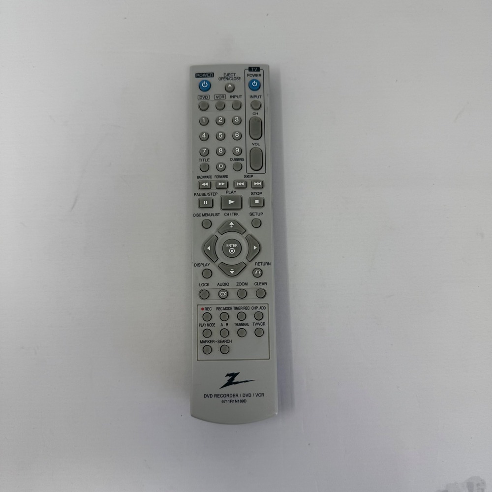 Zenith DVD VCR Recorder Remote Control 6711R1N189D Grey OEM Replacement Part TV